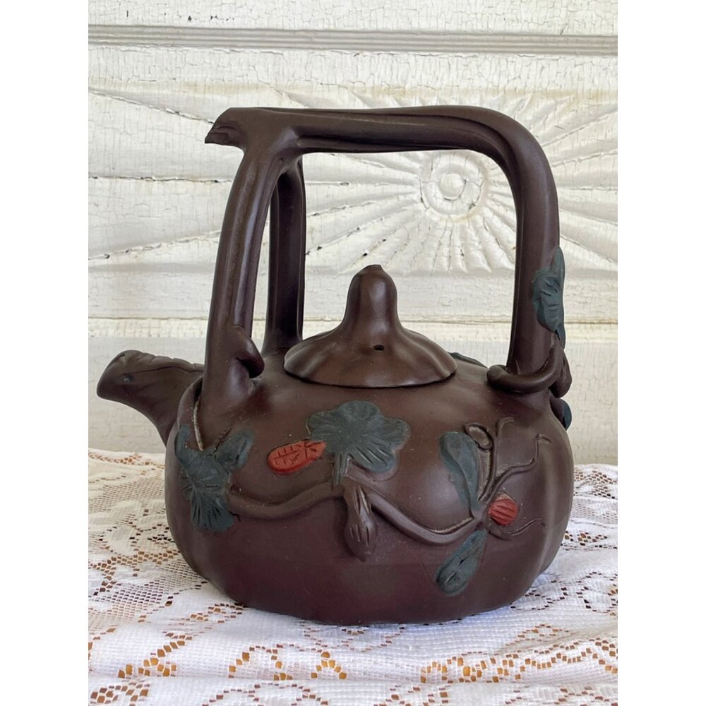 Vintage Clay Pumpkin Chinese Yixing Teapot Vines Big Stem Handle Signed